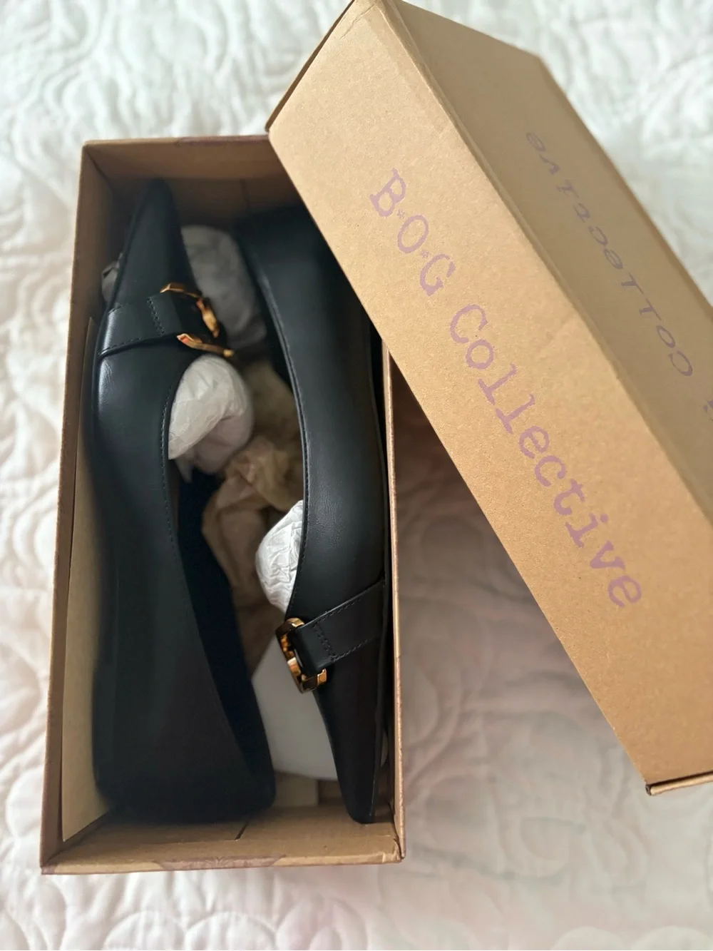 BOG Collective Black Pointed Toe Flats with Gold Buckle